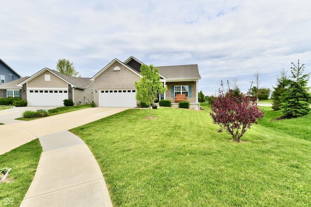 view of front of home with a garage, concrete driveway, brick siding, and a front yard