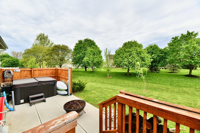 998 Cass Dr, Franklin, IN 46131 - view of yard featuring fence, a hot tub, a patio area, and an outdoor fire pit