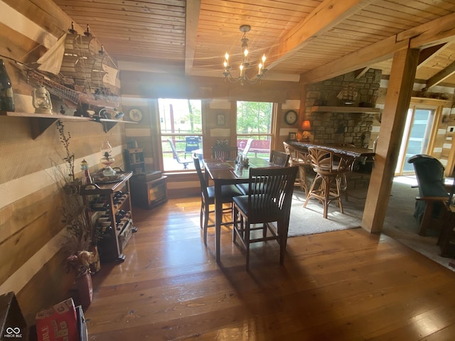 dining space featuring wood-type flooring, beamed ceiling, a notable chandelier, and wood ceiling