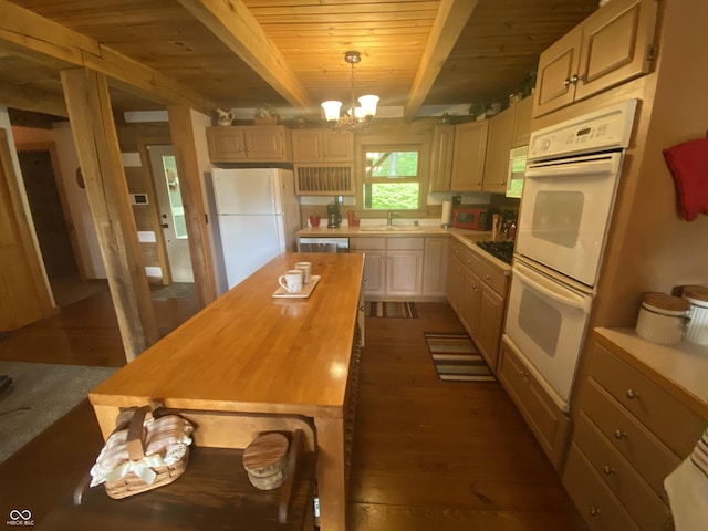 kitchen featuring beam ceiling, white appliances, a chandelier, wooden ceiling, and dark wood-style floors