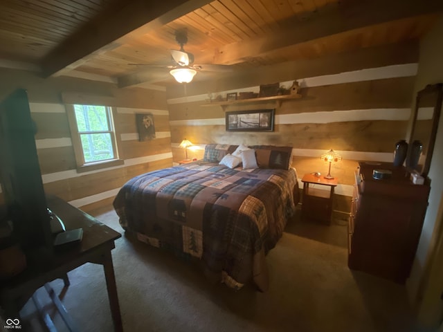 carpeted bedroom featuring wood walls, wood ceiling, and beam ceiling