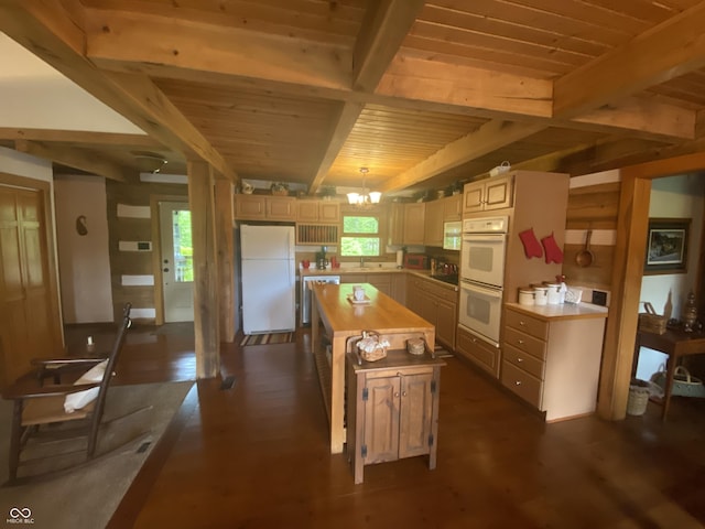 kitchen with an inviting chandelier, white appliances, a center island, wooden ceiling, and beamed ceiling