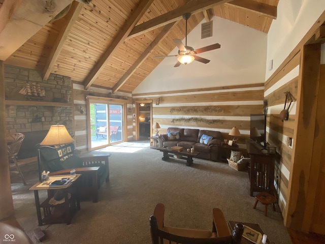 living room featuring visible vents, a ceiling fan, wood ceiling, and high vaulted ceiling
