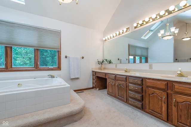1421 Stoney Creek Cir, Carmel, IN 46032 - full bath with vaulted ceiling, plenty of natural light, a garden tub, double vanity, and a chandelier