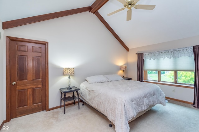 1421 Stoney Creek Cir, Carmel, IN 46032 - bedroom featuring light colored carpet, beam ceiling, baseboards, high vaulted ceiling, and ceiling fan