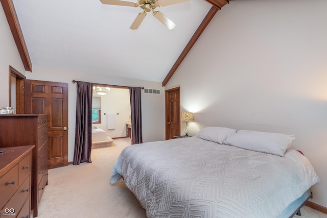 1421 Stoney Creek Cir, Carmel, IN 46032 - bedroom featuring light colored carpet, beamed ceiling, ensuite bathroom, ceiling fan, and high vaulted ceiling