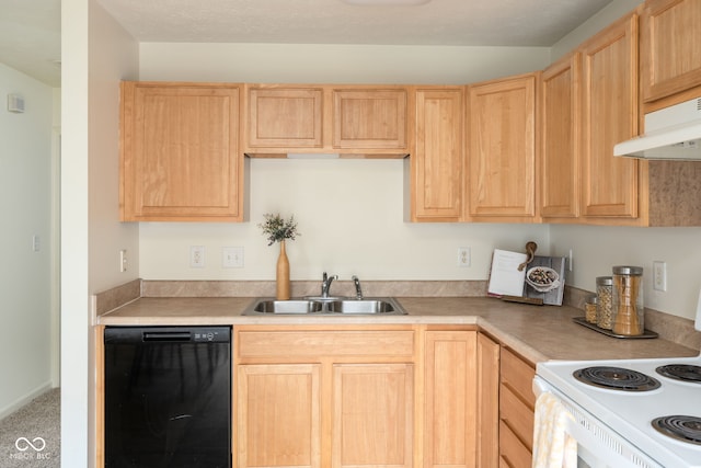 kitchen with light brown cabinetry, white electric range oven, light countertops, a sink, and dishwasher