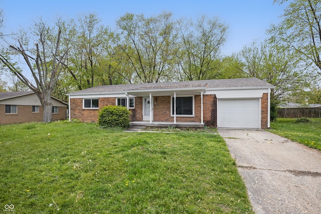 1116 Heatherwood Dr, Indianapolis, IN 46241 - ranch-style home with a porch, brick siding, a front lawn, concrete driveway, and an attached garage