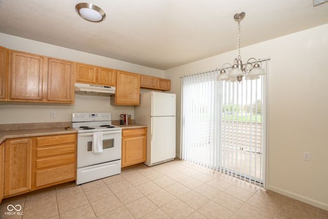 3006 Wildcat Ln, Indianapolis, IN 46203 - kitchen with a notable chandelier, under cabinet range hood, light tile patterned floors, white appliances, and light countertops