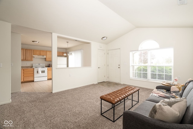 3006 Wildcat Ln, Indianapolis, IN 46203 - living room featuring lofted ceiling, light carpet, and baseboards