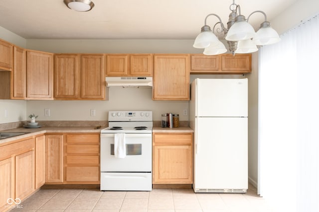 3006 Wildcat Ln, Indianapolis, IN 46203 - kitchen featuring under cabinet range hood, white appliances, light brown cabinetry, and light countertops