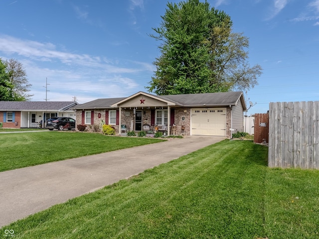 632 Woodside Ct, Seymour, IN 47274 - single story home featuring a porch, a garage, fence, a front lawn, and concrete driveway