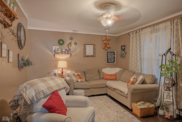 632 Woodside Ct, Seymour, IN 47274 - living area with crown molding, a ceiling fan, and wood finished floors