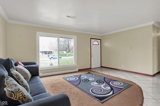 5027 E 40th St, Indianapolis, IN 46226 - living room featuring a baseboard heating unit, crown molding, light tile patterned flooring, and baseboards