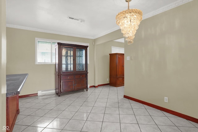 5027 E 40th St, Indianapolis, IN 46226 - foyer entrance with baseboard heating, a chandelier, ornamental molding, baseboards, and light tile patterned floors
