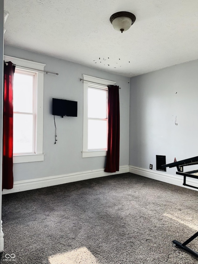 interior space with a textured ceiling, baseboards, and carpet
