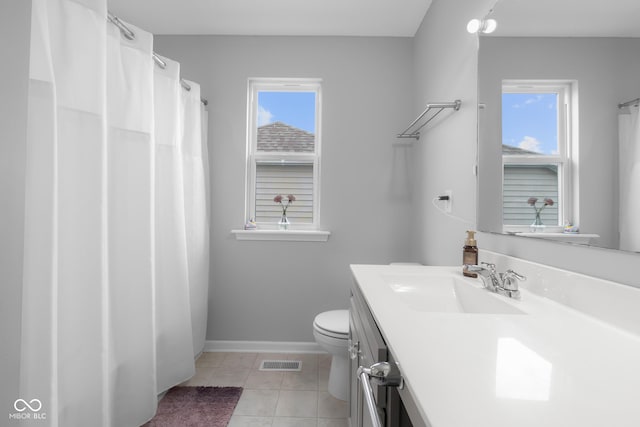 full bathroom with visible vents, tile patterned flooring, baseboards, vanity, and toilet