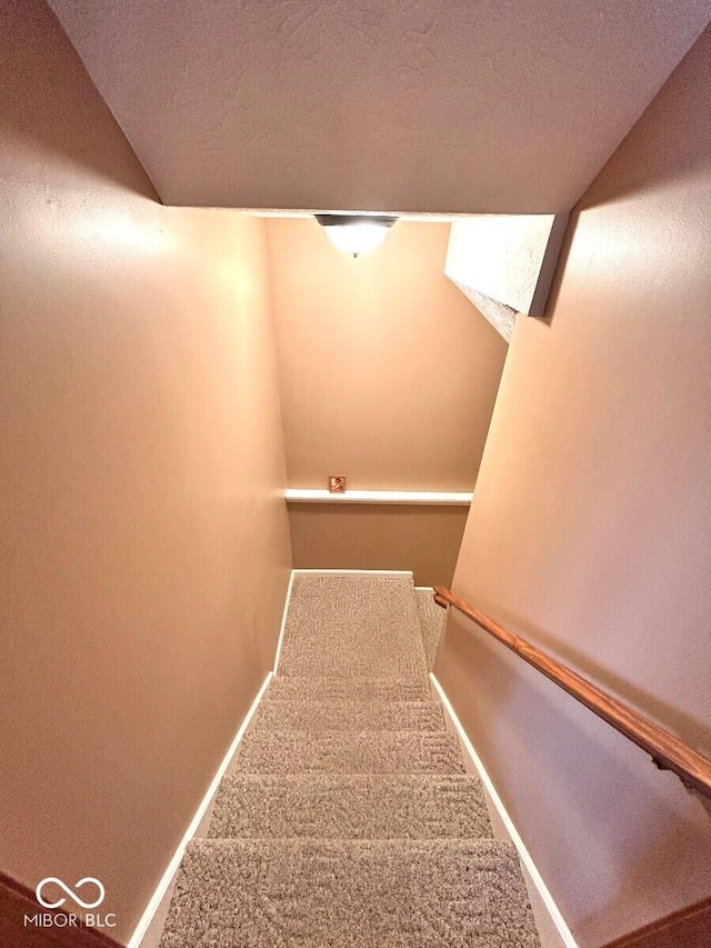 staircase featuring carpet floors, baseboards, and a textured ceiling