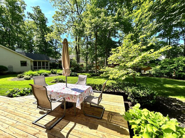 7621 Forest Dr, Fishers, IN 46038 - wooden deck featuring outdoor dining space, a yard, and view of scattered trees