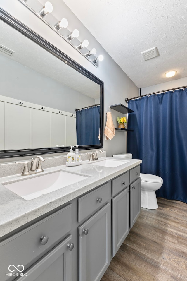 bathroom featuring a sink, wood finished floors, double vanity, and visible vents