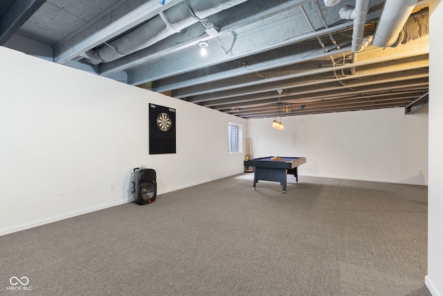 basement featuring carpet floors, baseboards, and pool table