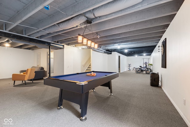 rec room with baseboards, carpet flooring, and pool table