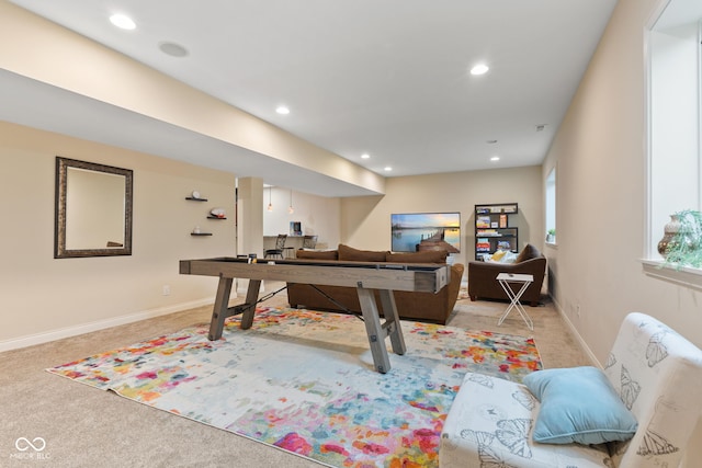 playroom with recessed lighting, baseboards, and light carpet
