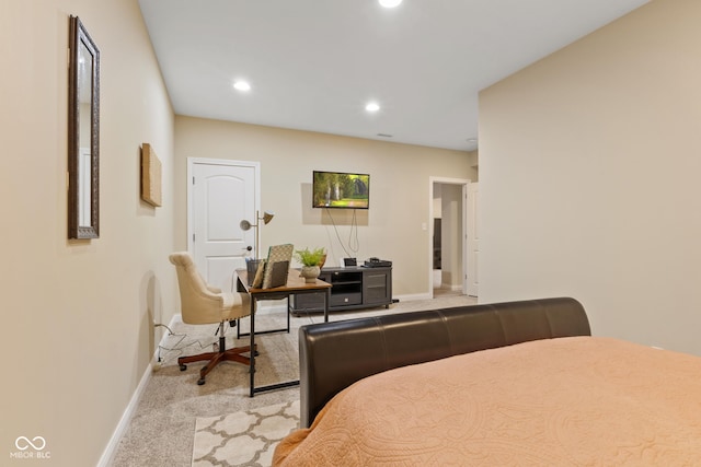 bedroom with baseboards, recessed lighting, and light carpet