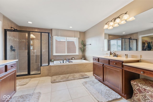 full bath featuring a bath, tile patterned flooring, a stall shower, vanity, and recessed lighting