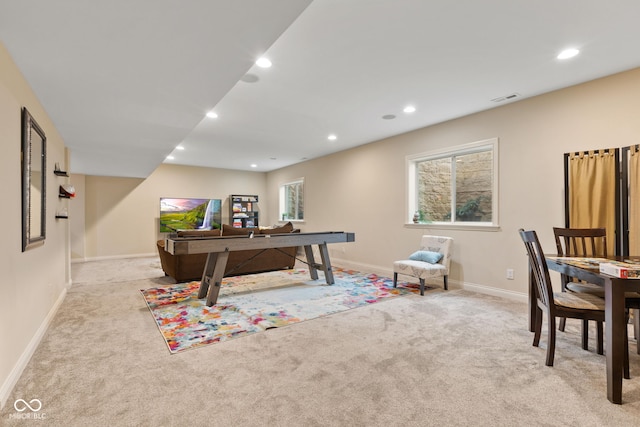 rec room with carpet floors, recessed lighting, baseboards, and visible vents