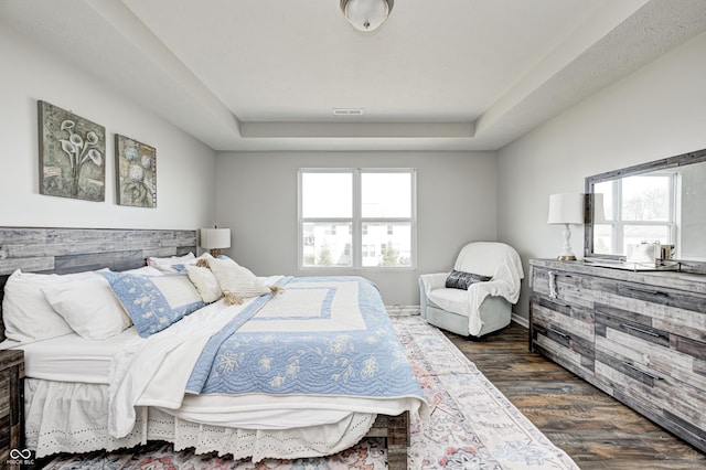 14584 Hinton Dr, Fishers, IN 46037 - bedroom with a tray ceiling, multiple windows, dark wood-style floors, and baseboards
