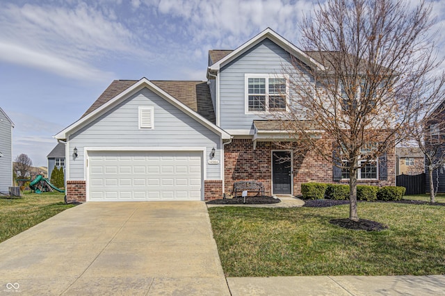 14584 Hinton Dr, Fishers, IN 46037 - traditional-style home featuring brick siding, concrete driveway, a front lawn, and a shingled roof
