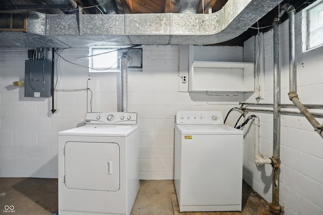 4730 Rookwood Ave, Indianapolis, IN 46208 - laundry room featuring laundry area, electric panel, concrete block wall, and washing machine and clothes dryer