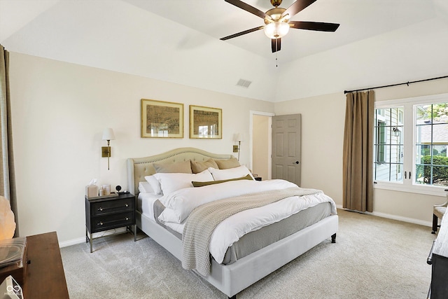 bedroom featuring visible vents, a ceiling fan, baseboards, and light carpet