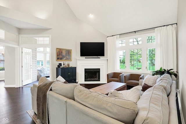 living area featuring a healthy amount of sunlight, high vaulted ceiling, a tile fireplace, and dark wood-type flooring