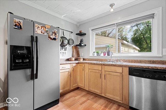 kitchen with open shelves, ornamental molding, light wood-type flooring, a sink, and appliances with stainless steel finishes