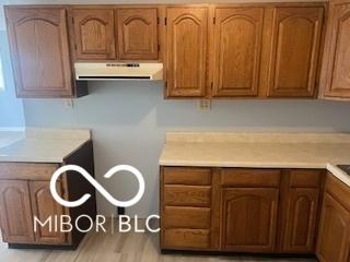 1710 S Birch St, Muncie, IN 47302 - kitchen featuring light countertops, light wood-type flooring, brown cabinets, and extractor fan