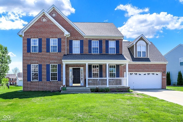 3101 Woodhaven Way, Bargersville, IN 46106 - traditional-style house with an attached garage, brick siding, a porch, a front yard, and driveway