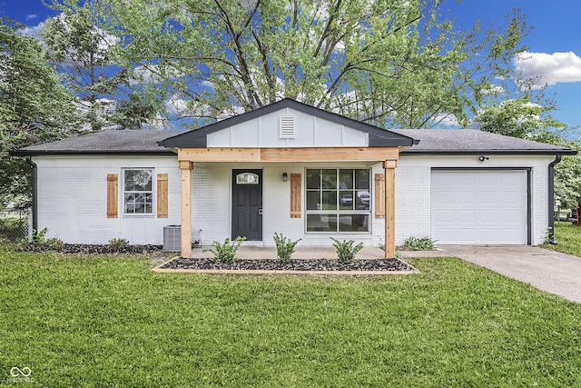 ranch-style home with a porch, brick siding, a front lawn, concrete driveway, and an attached garage