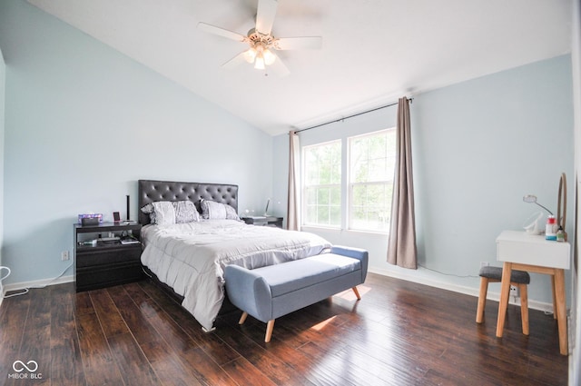 bedroom featuring baseboards, ceiling fan, wood finished floors, and vaulted ceiling