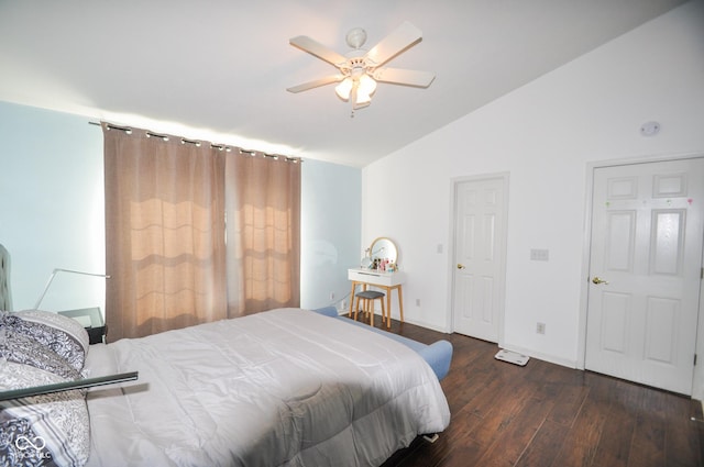 bedroom featuring baseboards, a ceiling fan, lofted ceiling, and hardwood / wood-style floors