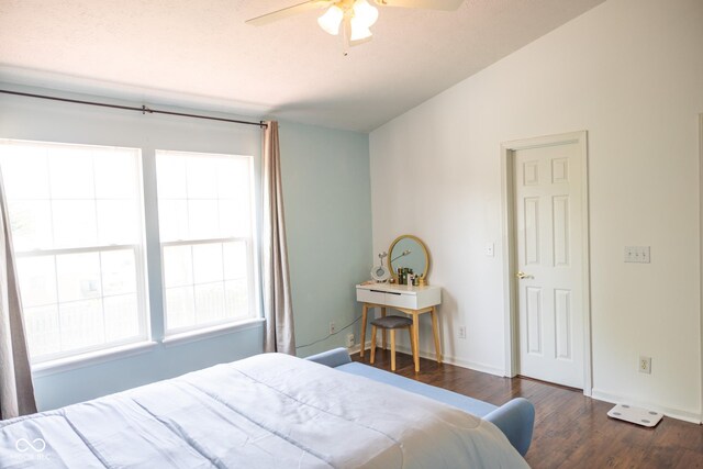 9718 Jupiter Pass, Carmel, IN 46032 - bedroom with wood finished floors, baseboards, a ceiling fan, and lofted ceiling