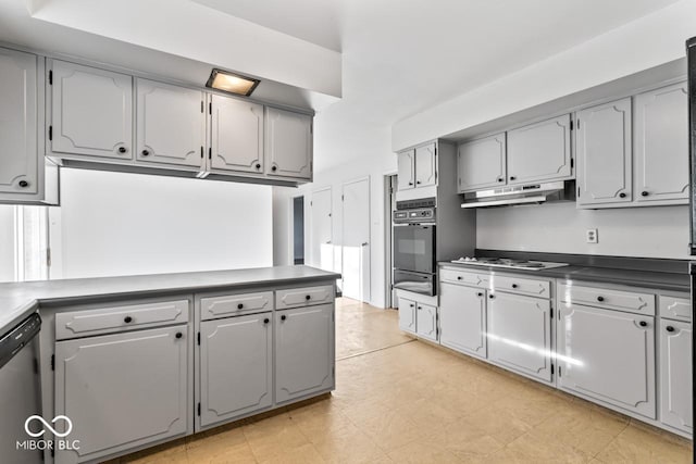 3200 Raible Ave, Anderson, IN 46011 - kitchen featuring black oven, a warming drawer, under cabinet range hood, dishwasher, and gray cabinetry