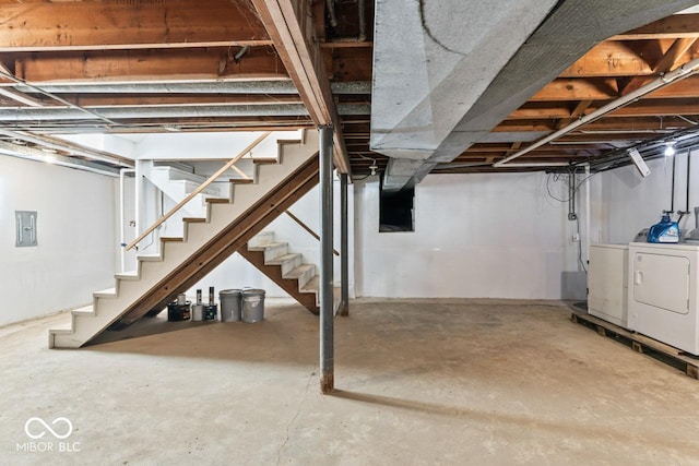 3200 Raible Ave, Anderson, IN 46011 - unfinished basement featuring stairs, separate washer and dryer, and electric panel