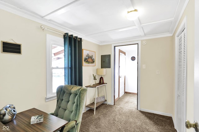 carpeted office featuring visible vents, ornamental molding, baseboards, electric panel, and coffered ceiling