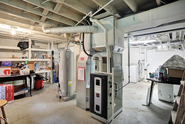 unfinished below grade area with gas water heater and washing machine and dryer