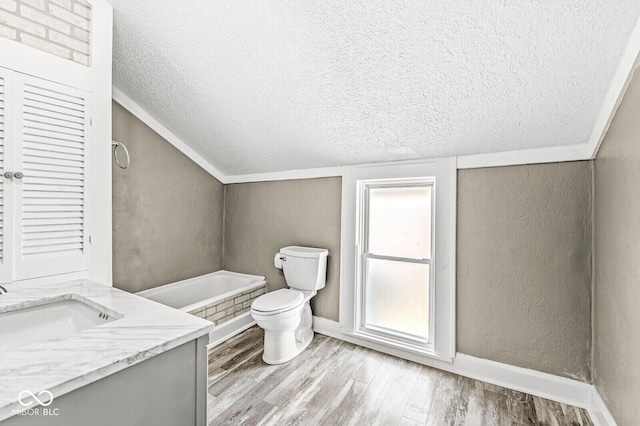 315 W High St, Pendleton, IN 46064 - full bath featuring a textured ceiling, wood finished floors, a garden tub, toilet, and vaulted ceiling