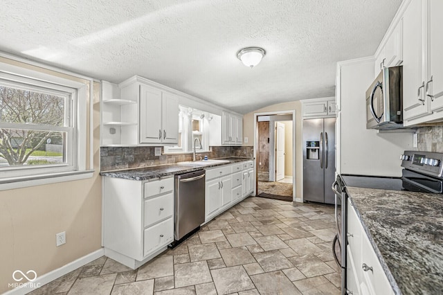 315 W High St, Pendleton, IN 46064 - kitchen featuring stainless steel appliances, a sink, white cabinetry, baseboards, and open shelves