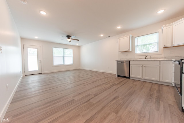 kitchen with light wood finished floors, a sink, stainless steel dishwasher, and plenty of natural light