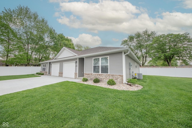 view of front of house with a garage, a front lawn, fence, central air condition unit, and driveway